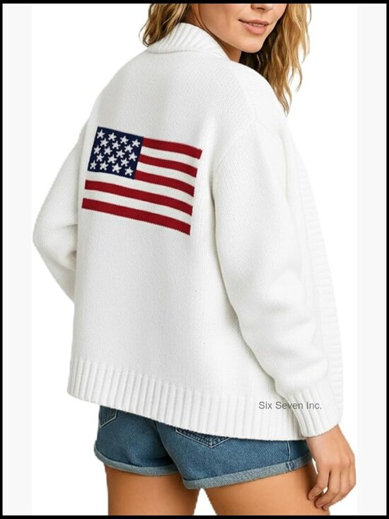 Sweaters - Long Sleeve Lightweight Knit Cardigan Oversized Patched American Flag